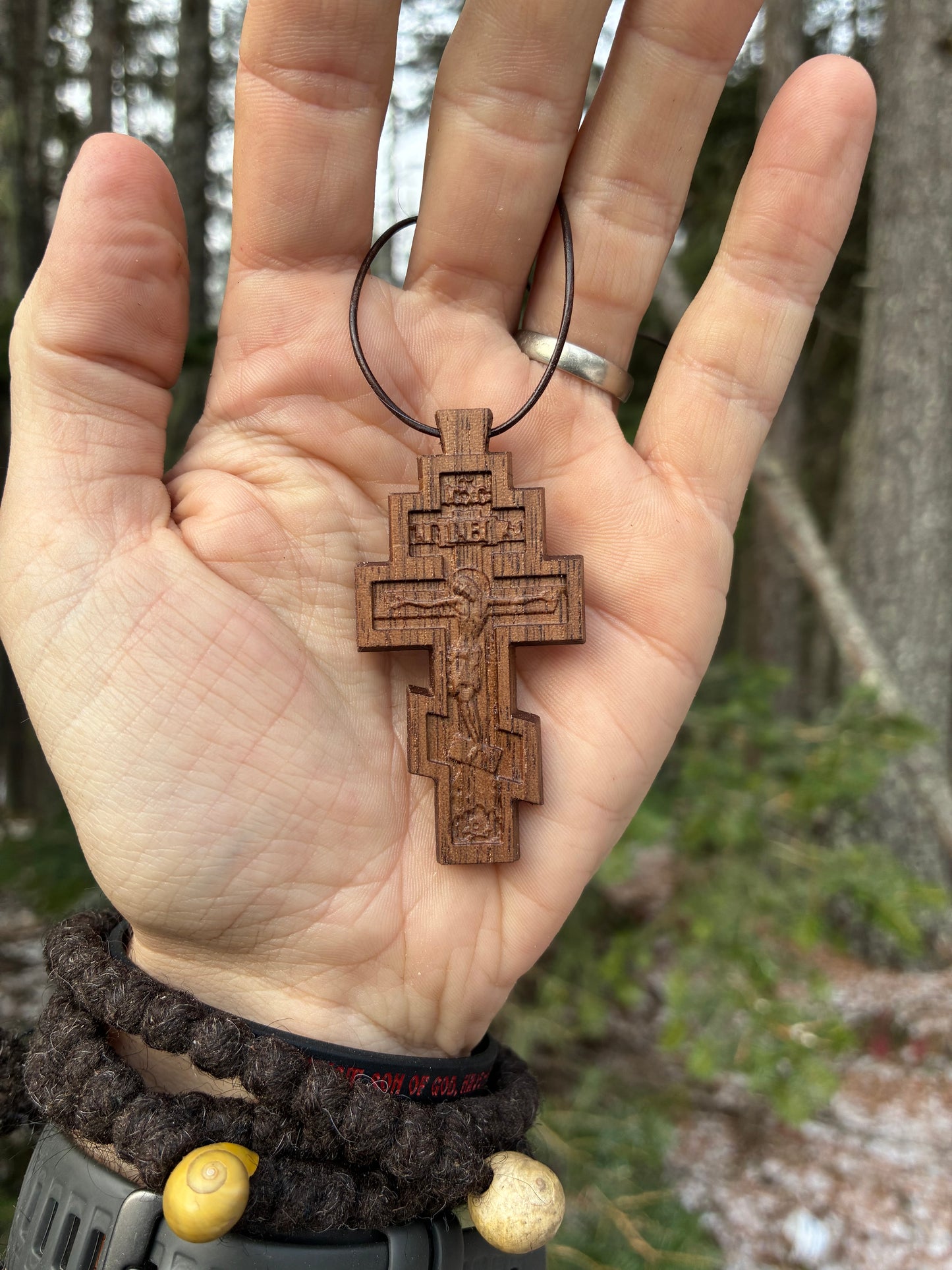 3 Bar Crucifix Pendant - Walnut